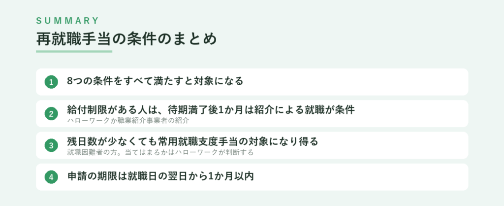 再就職手当の条件のまとめ、8つの条件をすべて満たすと対象、給付制限がある人は待期満了後1か月は紹介による就職が条件、残日数が少なくても常用就職支度手当の対象になり得る、申請の期限は就職日の翌日から1か月以内