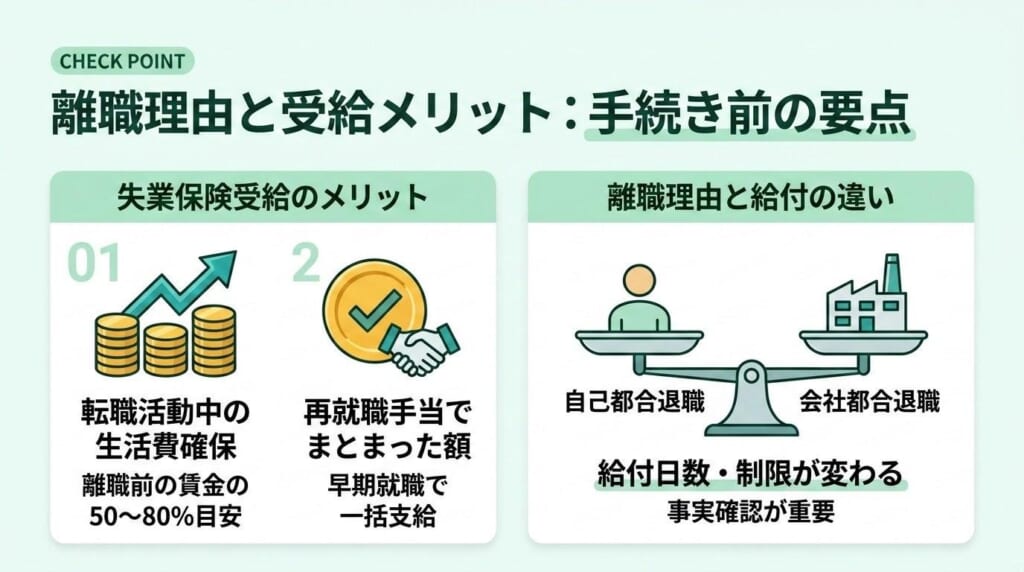 離職理由と受給メリット、失業保険は離職前の賃金の50〜80%が目安、早期就職で再就職手当、自己都合退職と会社都合退職で給付日数と制限が変わる